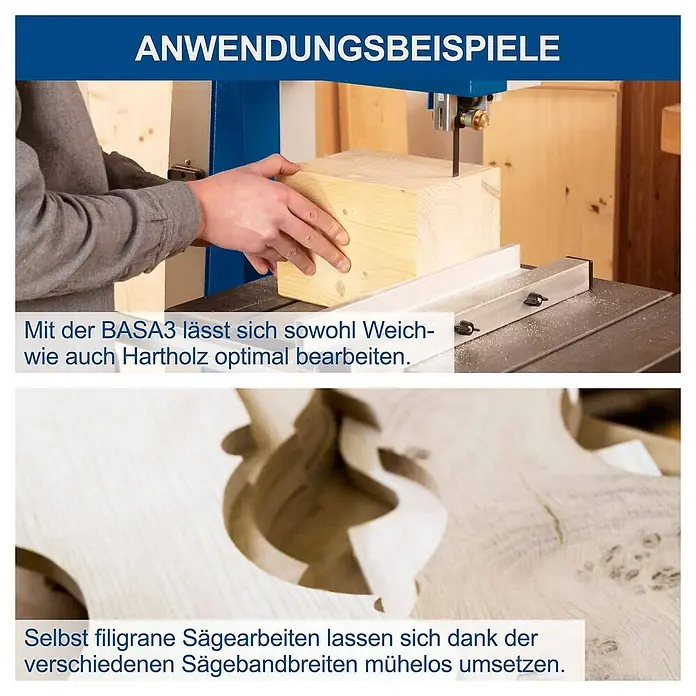 Scheppach Bandsäge Basa 3.0 v - 700 W, Durchlasshöhe: 205 mm, Durchlassbreite: 306 mm - Bandsäge schneidet Holzblock und filigranes Werkstück, demonstriert Vielseitigkeit für Weich- und Hartholz.