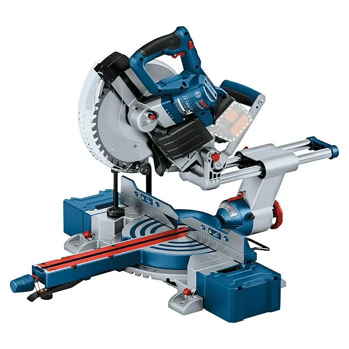 Bosch Professional AMPShare 18V Akku-Kapp- & Gehrungssäge GCM 18V-254 D - 18 V, Ohne Akku, 4.500 U/min - Blaue und silberne Akku-Kappsäge von Bosch mit großem Sägeblatt und Gleitschienen.
