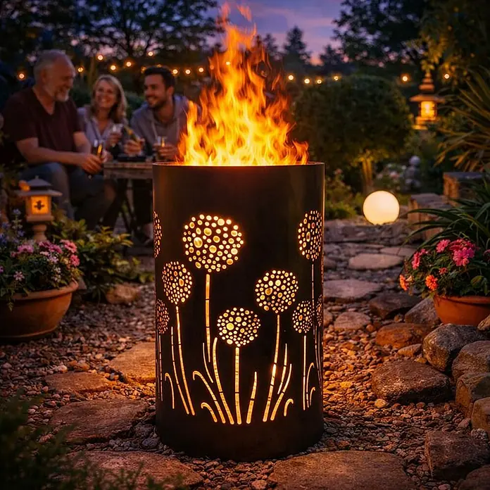 TiKo-Design Holzkohlegrill Feuertonne-Pusteblumen - Grau