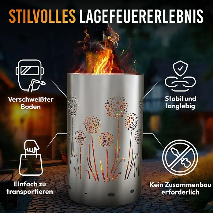 TiKo-Design Holzkohlegrill Feuertonne-Pusteblumen - Grau