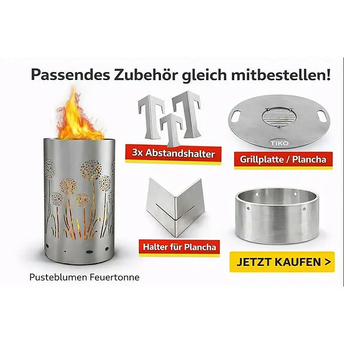 TiKo-Design Holzkohlegrill Feuertonne-Pusteblumen - Grau