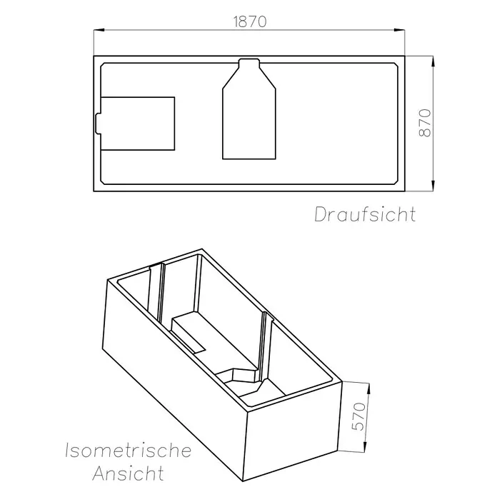 Ottofond Wannenträger Savona - Passend für: Ottofond Badewanne Savona 190 x 90 cm - Technische Zeichnung einer rechteckigen Badewanne mit den Maßen 1870x870x570 mm.