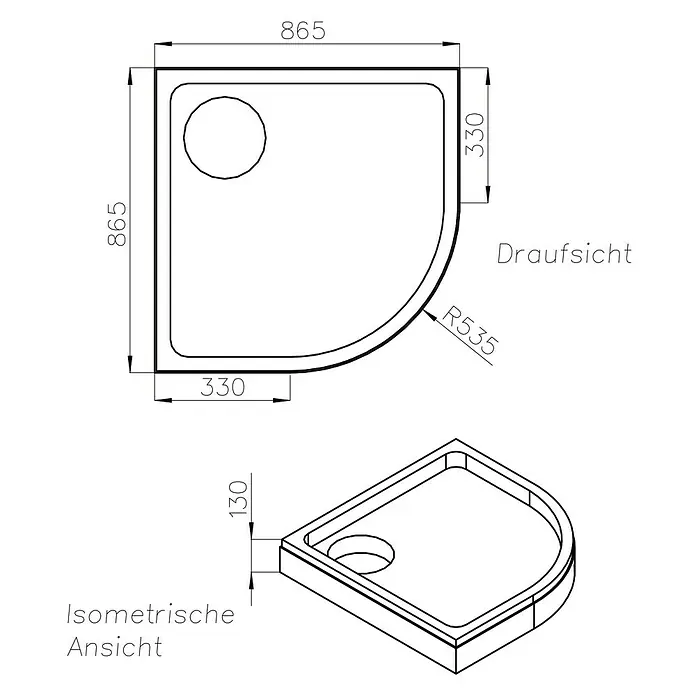 Ottofond Duschwannenträger Rico - L x B: 86,5 x 86,5 cm, Expandiertes Polystyrol, Weiß - Skizze einer Duschwanne mit den Maßen 865x865mm und einem Radius von R535. Die Höhe der Wanne beträgt 130mm, und ein Abfluss ist vorhanden.