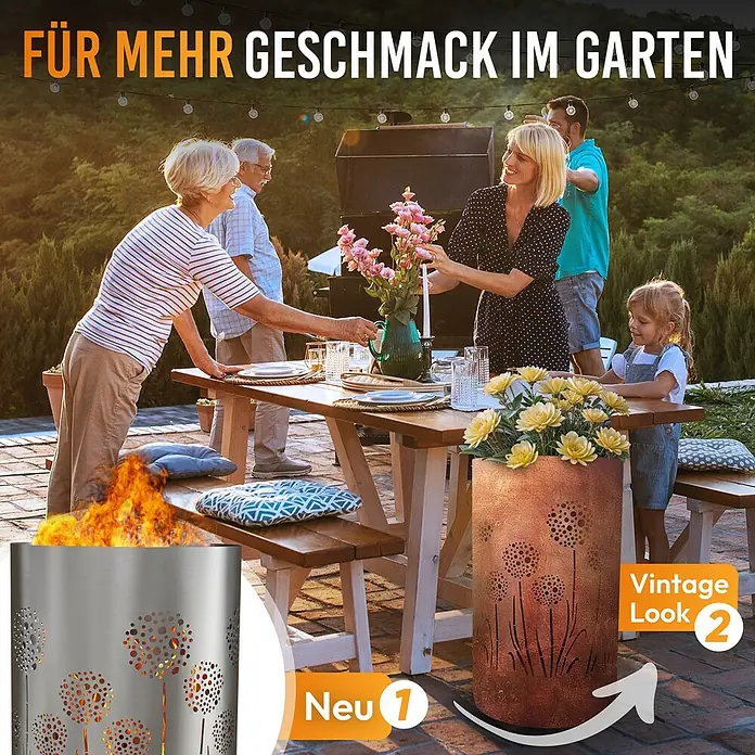 TiKo-Design Holzkohlegrill Feuertonne-Pusteblumen - Grau