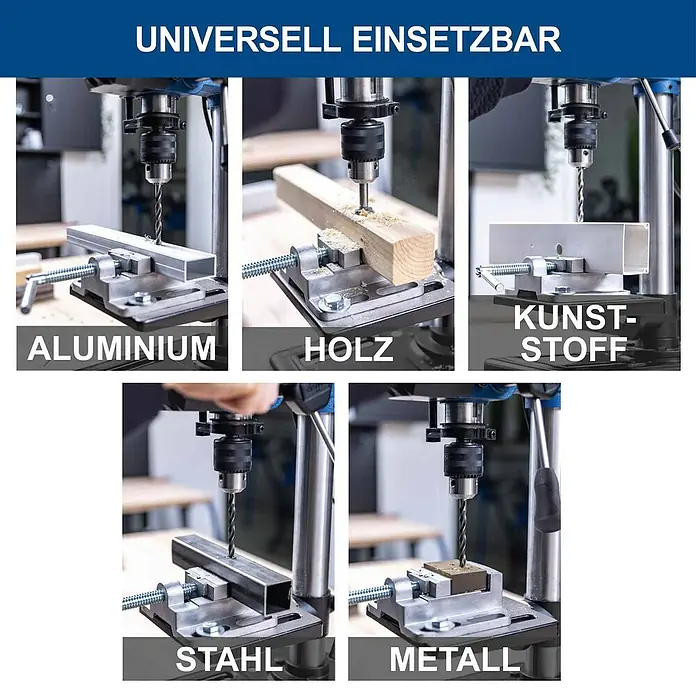 Scheppach Tischbohrmaschine TBM200 - 400 W, 550 U/min - 2.600 U/min, Spannweite Bohrfutter: 1,5 mm - 13 mm - Vielseitiger Bohrständer mit Schraubstock, demonstriert das Bohren in Aluminium, Holz, Kunststoff, Stahl und andere Metalle.