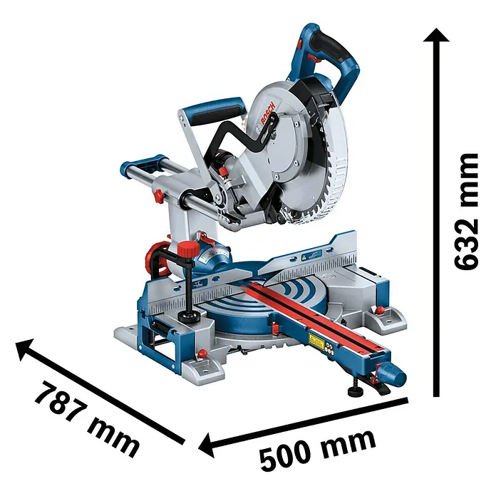 Bosch Professional AMPShare 18V Akku-Kapp- & Gehrungssäge GCM 18V-254 D - 18 V, Ohne Akku, 4.500 U/min - Eine blaue und silberne Bosch Gehrungssäge mit den Maßen 787x500x632 mm, ein robustes Elektrowerkzeug für präzise Schneidaufgaben.