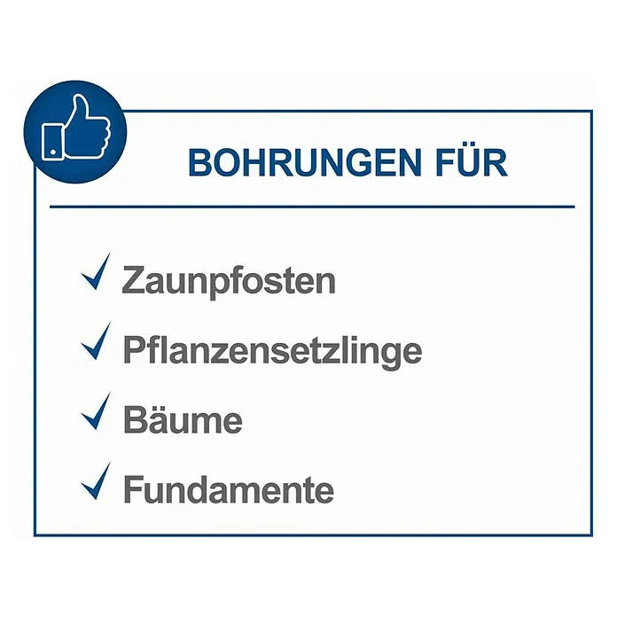 Scheppach Erdbohrer EB2000 - 1.450 W, Durchmesser Bohrer: 100 mm - Grafik: Bohrungen für Zaunpfosten, Pflanzensetzlinge, Bäume, Fundamente, mit Daumen hoch Symbol.