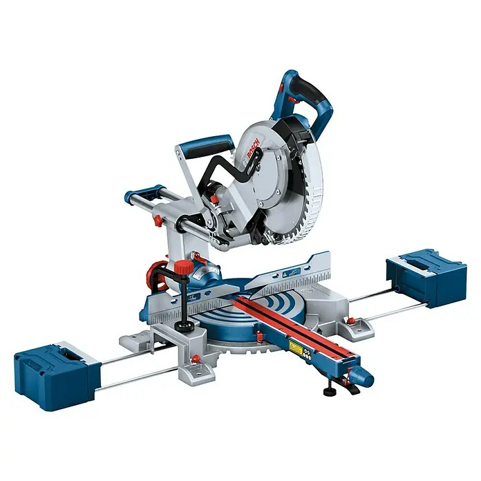 Bosch Professional AMPShare 18V Akku-Kapp- & Gehrungssäge GCM 18V-254 D - 18 V, Ohne Akku, 4.500 U/min - Blaue und silberne Kapp- und Gehrungssäge mit großem Sägeblatt und roten Akzenten auf verstellbarer Basis, mit Seitenverlängerungen.