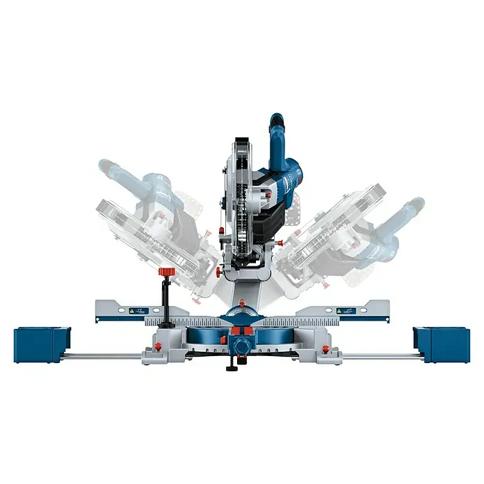 Bosch Professional AMPShare 18V Akku-Kapp- & Gehrungssäge GCM 18V-254 D - 18 V, Ohne Akku, 4.500 U/min - Blaue und silberne Kapp- und Gehrungssäge mit dunklem Griff, die ihren weiten Verstellbereich zeigt.