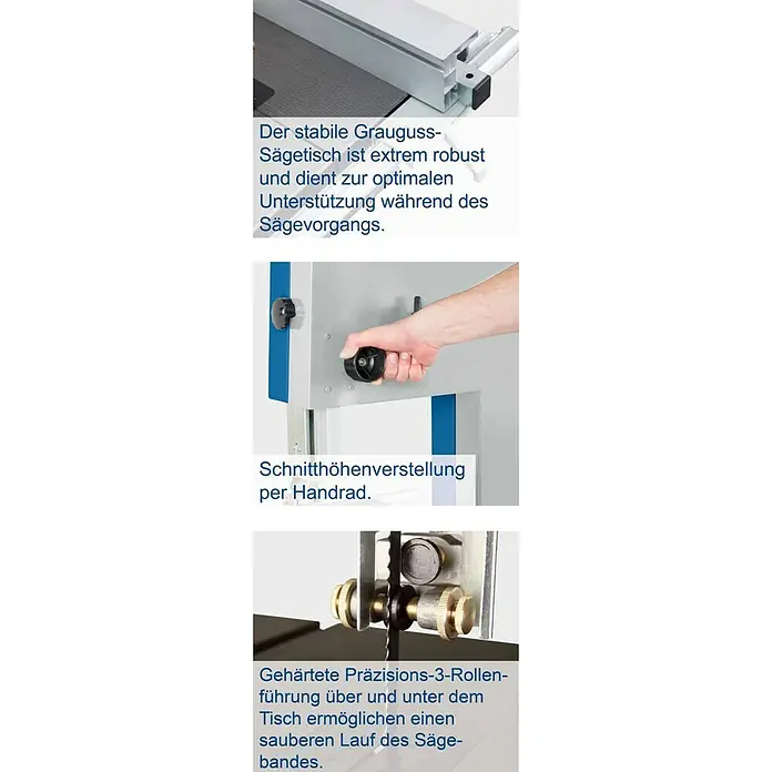 Scheppach Bandsäge Basa 3.0 v - 700 W, Durchlasshöhe: 205 mm, Durchlassbreite: 306 mm - Merkmale einer Bandsäge: stabiler Grauguss-Tisch, Handrad zur Höhenverstellung und Präzisions-3-Rollen-Sägeblattführung.