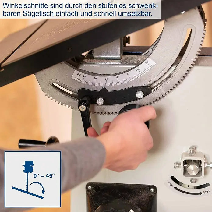 Scheppach Bandsäge Basa 3.0 v - 700 W, Durchlasshöhe: 205 mm, Durchlassbreite: 306 mm - Hand verstellt den stufenlos schwenkbaren Sägetisch einer Säge, mit Winkelskala für 0-45° Schnitte.