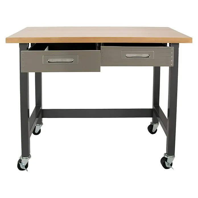 Werkbank mit Rollen - L x B: 61 x 122 cm, Arbeitshöhe: 95,5 cm, Belastbarkeit: 130 kg, Anthrazit/Silber - Moderner Arbeitstisch mit Schubladen und Rollen für flexible Nutzung in Werkstatt oder Büro. Stabiles Design mit Holzplatte.