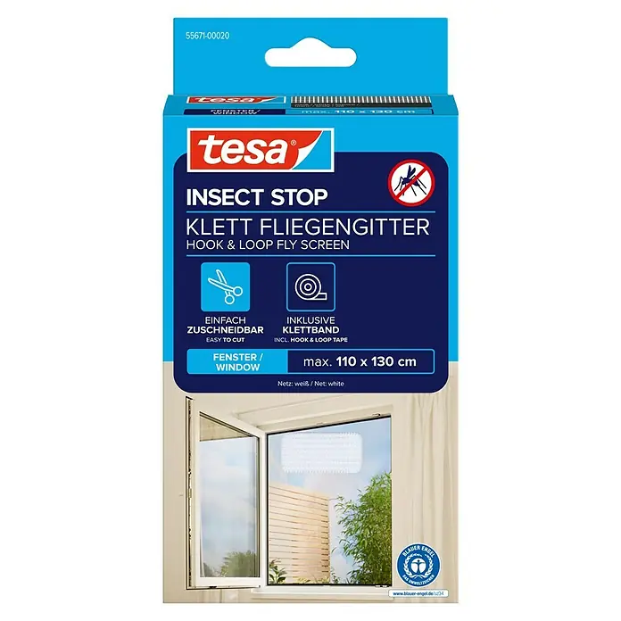 Tesa Insect Stop Insektenschutzfenster Klett - B x H: 110 x 130 cm, Montage Insektengitter: Ankletten - Weißes tesa Insect Stop Klett-Fliegengitter (max. 110x130 cm) für Fenster, auf Verpackung und im Einsatz.