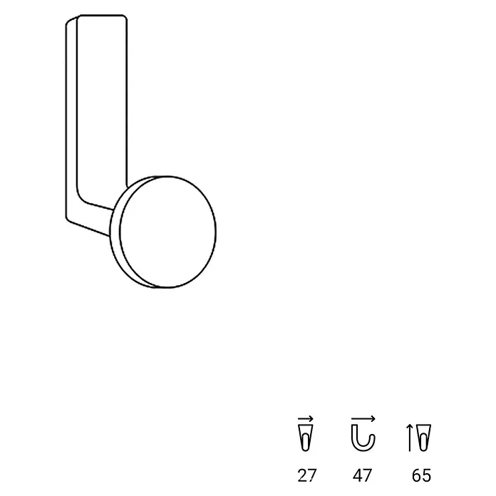 Rei Garderobenhaken C8725 - L x B x H: 47 x 27 x 65 mm, Zinkdruckguss, Schwarz, 2 Stk. - Strichzeichnung eines minimalistischen Garderobenhakens mit runder Basis. Drei weitere Haken-Typen mit Nummern 27, 47, 65 sind abgebildet.
