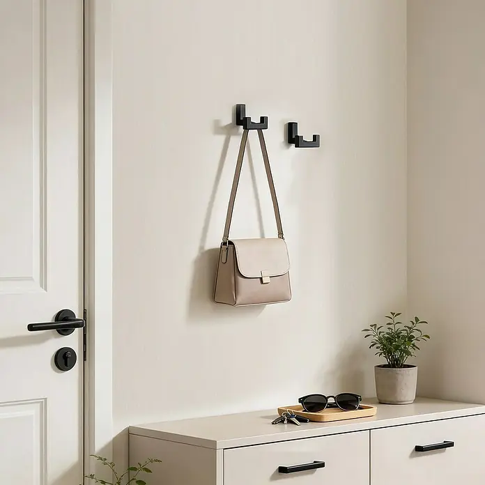 Rei Garderobenhaken C8732 - L x B x H: 35 x 47 x 35 mm, Metall, Schwarz - Drei moderne schwarze Wandhaken, einer davon hält eine beigefarbene Tasche im Eingangsbereich.