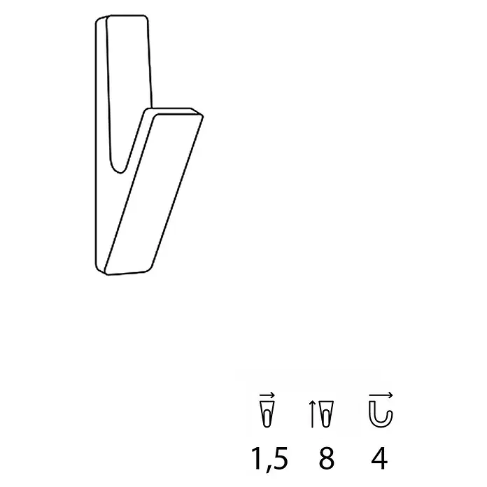Rei Garderobenhaken C8728 - L x B x H: 40 x 14 x 78 mm, Zinkdruckguss, Schwarz, 2 Stk. - Strichzeichnung eines minimalistischen, geometrischen Wandhakens und Installationssymbole mit den Zahlen 1,5, 8, 4.