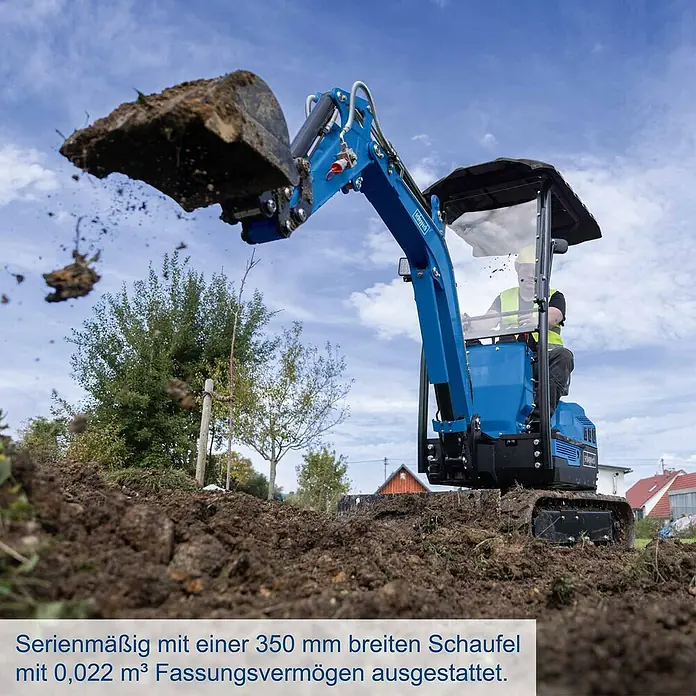 Scheppach Minibagger EXC1400 + Artikelnr. 33989947 gratis hinzufügen* - 8,5 kW, Benzin, Auslegerschwenkbereich: 45 ° - 85 ° - Blauer Kompaktbagger mit 350mm breiter, 0,022m³ Schaufel beim Erdaushub.