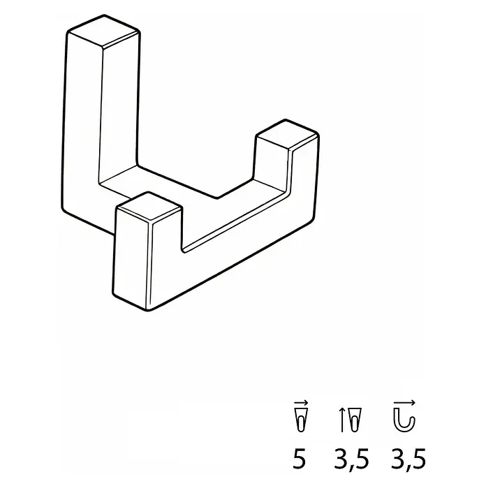 Rei Garderobenhaken C8732 - L x B x H: 35 x 47 x 35 mm, Metall, Schwarz - Strichzeichnung eines modernen, U-förmigen weißen Hakens oder Halters mit blockigen Enden, und kleinen Symbolen mit den Zahlen 5, 3,5, 3,5 darunter.