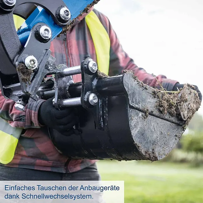 Scheppach Minibagger EXC1400 + Artikelnr. 33989947 gratis hinzufügen* - 8,5 kW, Benzin, Auslegerschwenkbereich: 45 ° - 85 ° - Schwarze Baggerschaufel wird mittels Schnellwechselsystem montiert.