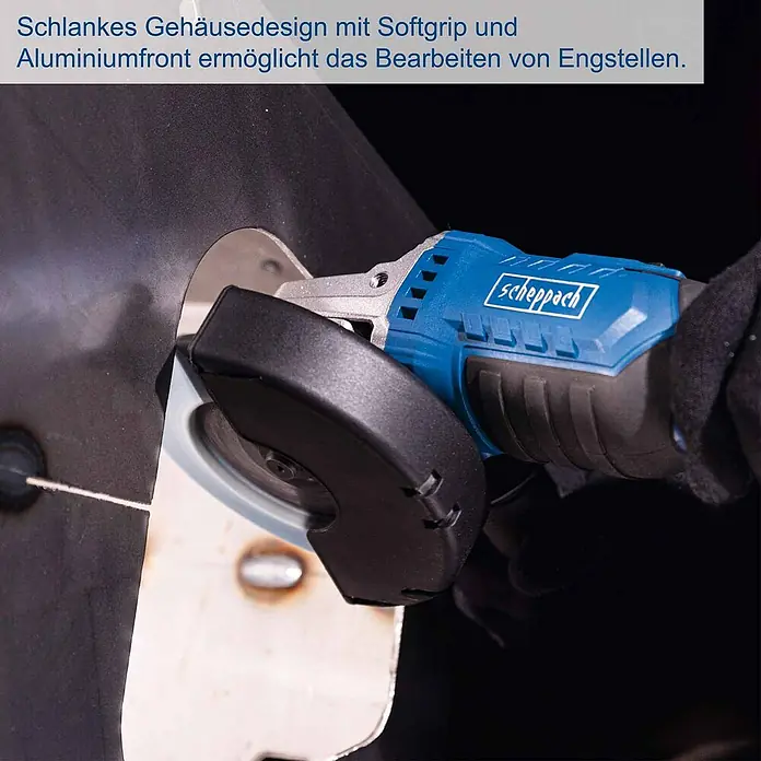 Scheppach IXES 20V Akku-Winkelschleifer C-ATB15/1-X - 1 Akku, 4 Ah, Durchmesser Scheibe: 125 mm - Blaues Scheppach Trennwerkzeug mit Softgrip-Griff und Aluminiumfront schneidet dunkles Material an enger Stelle.