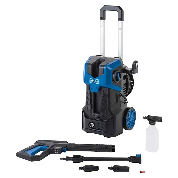 Scheppach Hochdruckreiniger SHD150 - 1.800 W, Max. Druck: 150 bar, Fördermenge: 420 l/h - Blauer und schwarzer Scheppach Hochdruckreiniger mit ausziehbarem Griff, Rädern, Spritzpistole, Lanzen und Reinigungsmittelflasche.