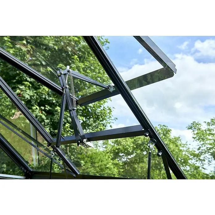Halls Gewächshaus Popular 106 - Außenmaß inkl. Dachüberstand (B x T): 193 x 319 cm, Blankglas, 3 mm, Schwarz - Automatische schwarze Dachlüftung für Gewächshäuser aus Metall mit Federn und Hydraulikarmen, durch Glasscheiben sichtbar.