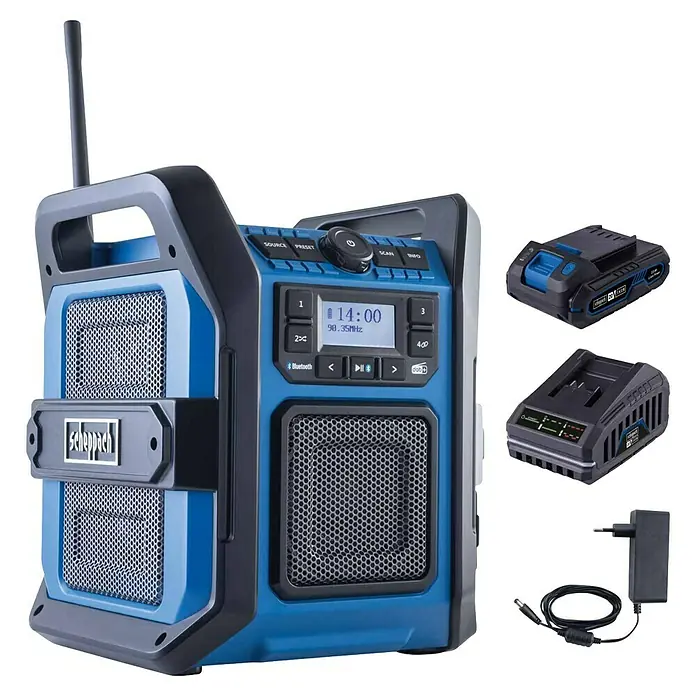 Scheppach Akku-Baustellenradio C-DAB30-X - 20 V, 1 Akku, 2 Ah - Blau-schwarzes Scheppach Baustellenradio mit Antenne, Digitalanzeige, Akku, Ladegerät und Netzteil.
