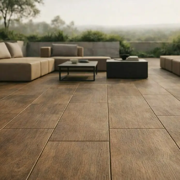 Terrassenfliese Foresta - 40 x 80 x 2 cm, Scuro, Matt - Braune Terrassenfliesen in Holzoptik als Außenboden, mit modernen Möbeln.