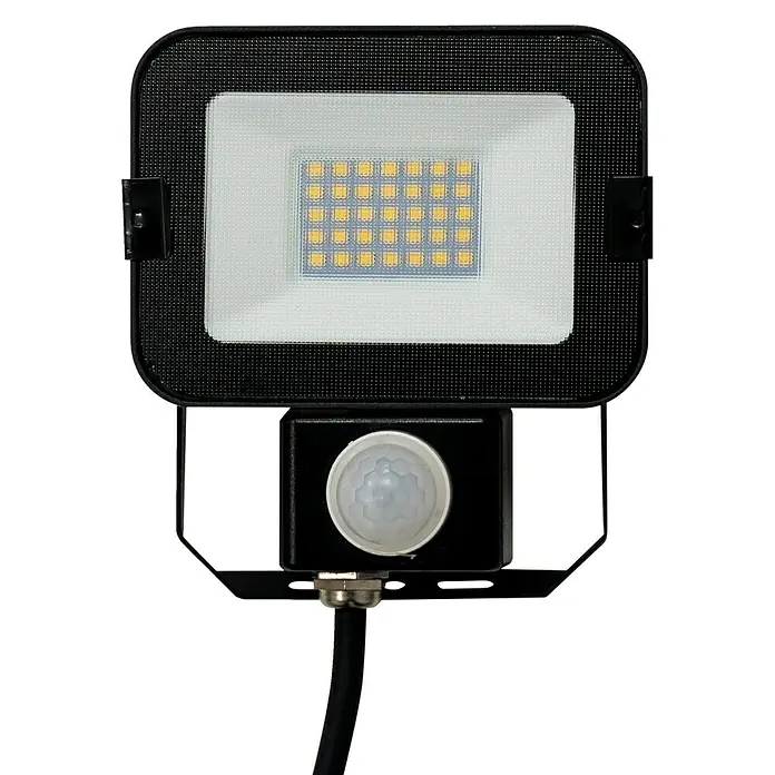 Alverlamp Proyector LED LQSEN con sensor - 20 W, L x An x Al: 5 x 11,7 x 13 cm, Negro, Blanco neutro - Primer plano de un foco LED negro con sensor de movimiento, ideal para soluciones de iluminación de seguridad exterior.