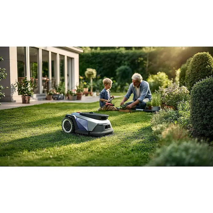 Litheli Mähroboter U20RL500SA - 500 m², Schnittbreite: 20 cm, Kamera-gestützte Navigation - Silber-schwarzer Mähroboter mit robusten Rädern in einem Garten. Ein Mann und ein Kind gärtnern im Hintergrund.