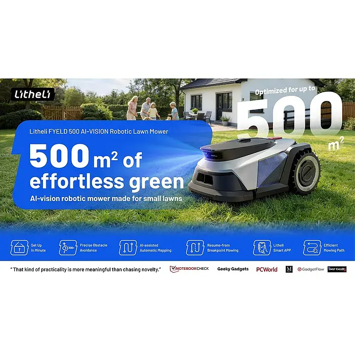 Litheli Mähroboter U20RL500SA - 500 m², Schnittbreite: 20 cm, Kamera-gestützte Navigation - Ein silber-schwarzer Litheli Rasenroboter in einem Garten, für Rasenflächen bis 500 m² konzipiert.