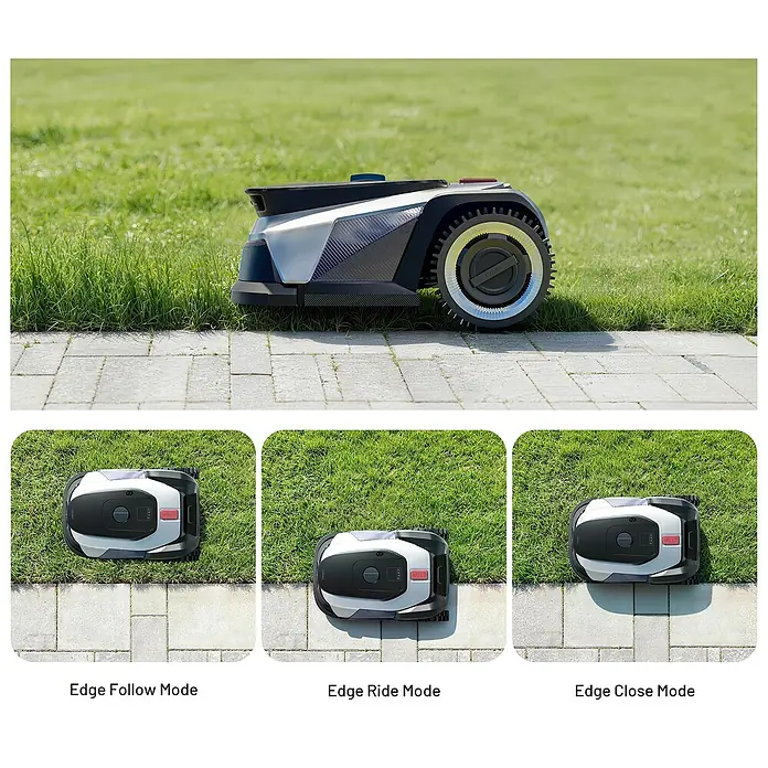 Litheli Mähroboter U20RL500SA - 500 m², Schnittbreite: 20 cm, Kamera-gestützte Navigation - Weiß-schwarzer Mähroboter demonstriert drei Kantenmäh-Modi auf Rasen neben gepflastertem Weg.
