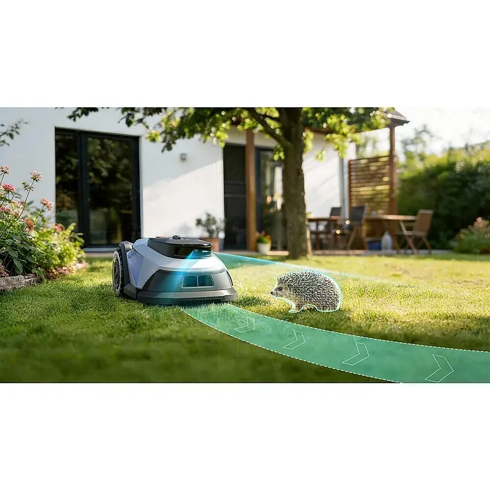 Litheli Mähroboter U20RL500SA - 500 m², Schnittbreite: 20 cm, Kamera-gestützte Navigation - Ein grauer und schwarzer Rasenroboter auf grünem Rasen erkennt einen Igel mit virtuellem Weg.