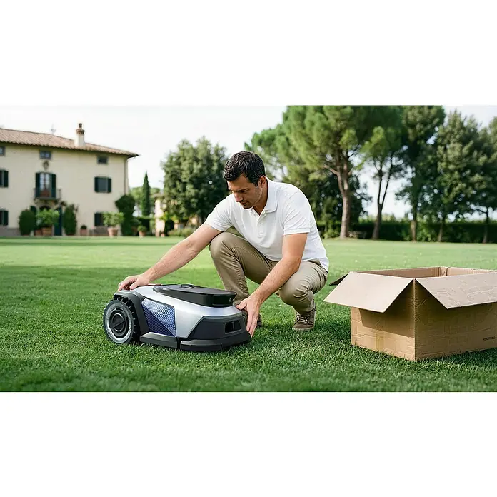 Litheli Mähroboter U20RL500SA - 500 m², Schnittbreite: 20 cm, Kamera-gestützte Navigation - Mann richtet einen silber-schwarzen Mähroboter mit blauen Akzenten ein.