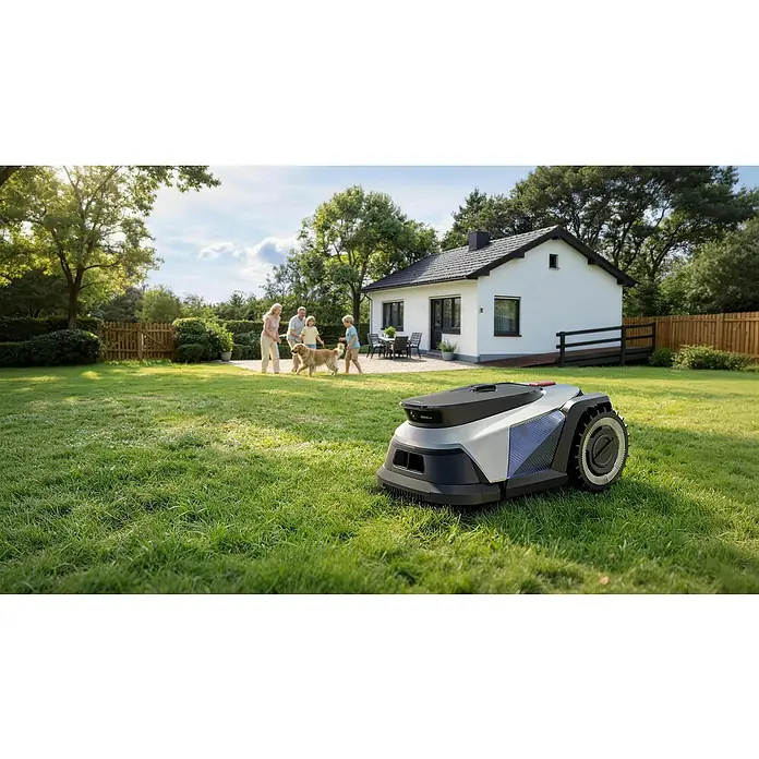 Litheli Mähroboter U20RL500SA - 500 m², Schnittbreite: 20 cm, Kamera-gestützte Navigation - Roboter-Rasenmäher in Weiß, Schwarz und mit blau gemusterten Seiten, mit Stachelrädern, Familie und Hund im Hintergrund.