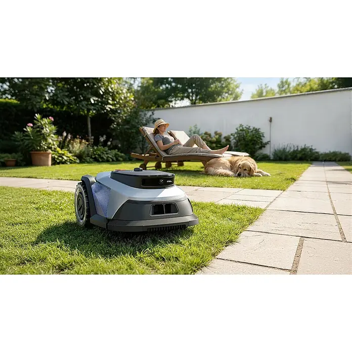 Litheli Mähroboter U20RL500SA - 500 m², Schnittbreite: 20 cm, Kamera-gestützte Navigation - Grauer und schwarzer Rasenmähroboter auf Gras im Garten, mit einer Person, die sich entspannt, und einem Hund, der daneben ruht.