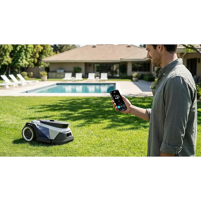 Litheli Mähroboter U20RL500SA - 500 m², Schnittbreite: 20 cm, Kamera-gestützte Navigation - Ein weißer, schwarzer und blauer Mähroboter auf einem Rasen, von einem Mann per Smartphone-App gesteuert.