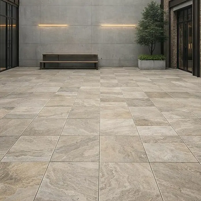 Terrassenfliese Porcea - 60 x 90 x 2 cm, Eramosa, Matt - Beige-grau marmorierte Outdoor-Terrassenfliesen auf einer großen quadratischen Fläche.