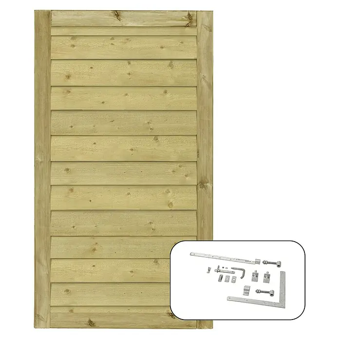 Plus Gartentor Klink Inkl. Beschläge - L x B x H: 163 x 100 x 4,4 cm, Kiefer, Natur - Hellbraunes Holz-Zaunfeld mit separater Abbildung von verzinkten Metalltürbändern und Riegeln.