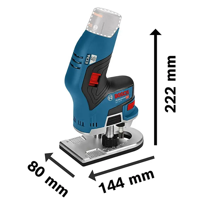 Bosch Professional Akku-Kantenfräser GKF 12V-8 PRO - 2 Akkus, 12 V - Blauer und schwarzer Bosch GKF 12V-8 Akku-Kantenfräser mit Maßen: 222mm hoch, 144mm breit, 80mm tief.