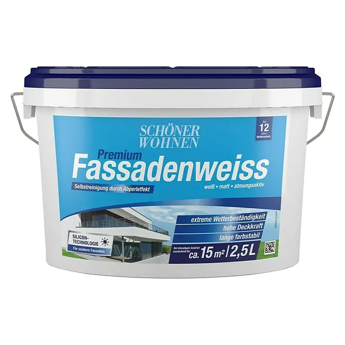 SCHÖNER WOHNEN-Farbe Dispersionsfassadenfarbe Premium Fassadenweiß - Weiß, 2,5 l - Bild eines Eimers Premium Fassadenweiss von SCHÖNER WOHNEN, einer Fassadenfarbe für bis zu 12 Jahre Wetterschutz mit Selbstreinigungseffekt.