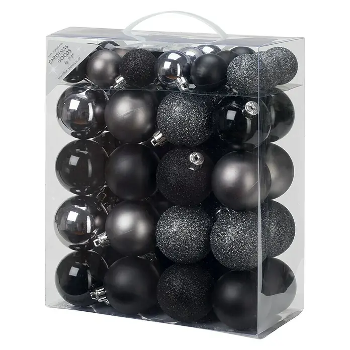 Weihnachtskugeln Grau-Mix - Schwarz, Grau, Kunststoff, Durchmesser: 4 cm - 6 cm, 50 Stk. - Eine Packung mit verschiedenen schwarzen und silbernen Weihnachtskugeln mit unterschiedlichen Oberflächen in einer transparenten Box.