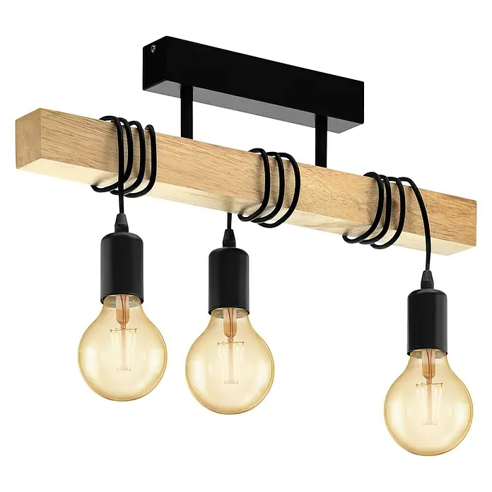 Eglo Townshend Deckenleuchte - 180 W, L x B x H: 55 x 10,5 x 26,5 cm, Braun, Schwarz, 3 Stk., E27 - Moderne Hängelampe mit drei Glühbirnen und einem Holzbalken, ideal für Wohnzimmer oder Essbereich. Stilvolle Beleuchtung im Industrial-Look.