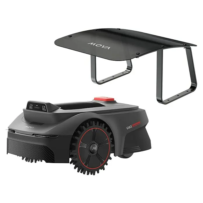 Mova Mähroboter-Set Viax 300 - 300 m², Schnittbreite: 20 cm, Kamera-gestützte Navigation - Dunkelgrauer Mähroboter mit roten Akzenten und Karbon-Details, dazu das passende dunkelgraue Schutzdach.