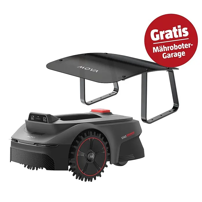 Mova Mähroboter-Set Viax 300 - 300 m², Schnittbreite: 20 cm, Kamera-gestützte Navigation - Dunkelgrauer Mähroboter mit roten Akzenten und Carbon-Front, gezeigt mit seiner transparenten schwarzen Schutzhaube.