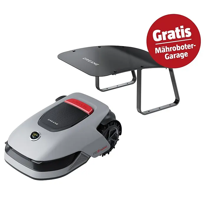 Dreame Mähroboter-Set A1 Pro - 2.000 m², Schnittbreite: 22 cm, Laser-gestützte Navigation, LiDAR - Ein grauer Mähroboter mit rotem Stopp-Knopf und ein separates dunkles Schutzdach. Beide tragen die Marke "DREAME".