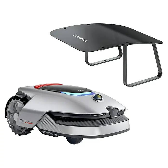 Dreame Mähroboter-Set A2 2000 - 2.000 m², Schnittbreite: 22 cm, Laser-gestützte Navigation, LiDAR - Silber-schwarzer Mähroboter mit großen Rädern, integrierter Kamera, blauen Lichtern und separatem schwarzem DREAME Schutzdach.