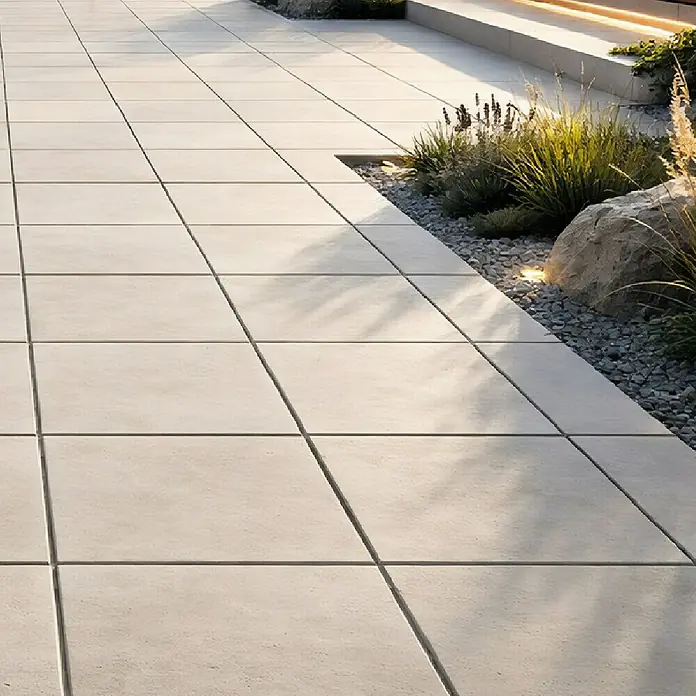 Terrassenfliese Portland - 60 x 60 x 2 cm, Ice, Matt - Helle Pflasterplatten bilden einen eleganten Außenweg mit Bepflanzung und dezenter Beleuchtung.