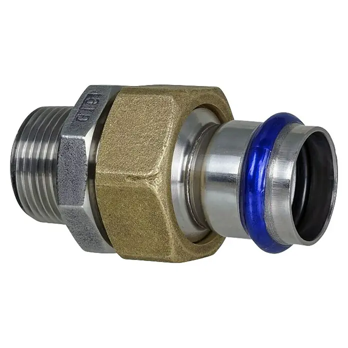 Press-Übergangsstück - Durchmesser: 18 mm, ½″ - Messing-Rohrverschraubung mit Außengewinde und Pressanschluss, silberfarbenen Enden und blauem O-Ring.