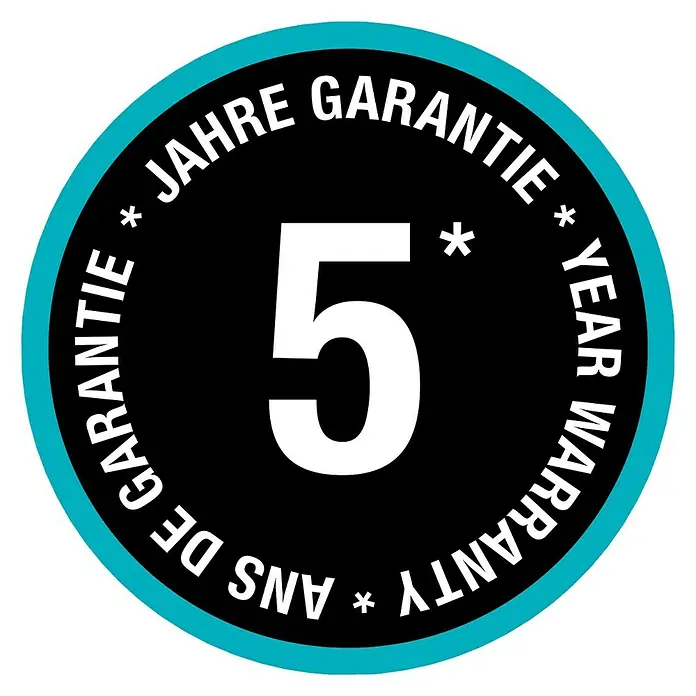 Gardena Viereckregner Aqua L - Max. Regnerfläche: 120 m² - 280 m² - Siegel mit der Aufschrift "5 Jahre Garantie", um die Zuverlässigkeit und Qualität des Produkts hervorzuheben.